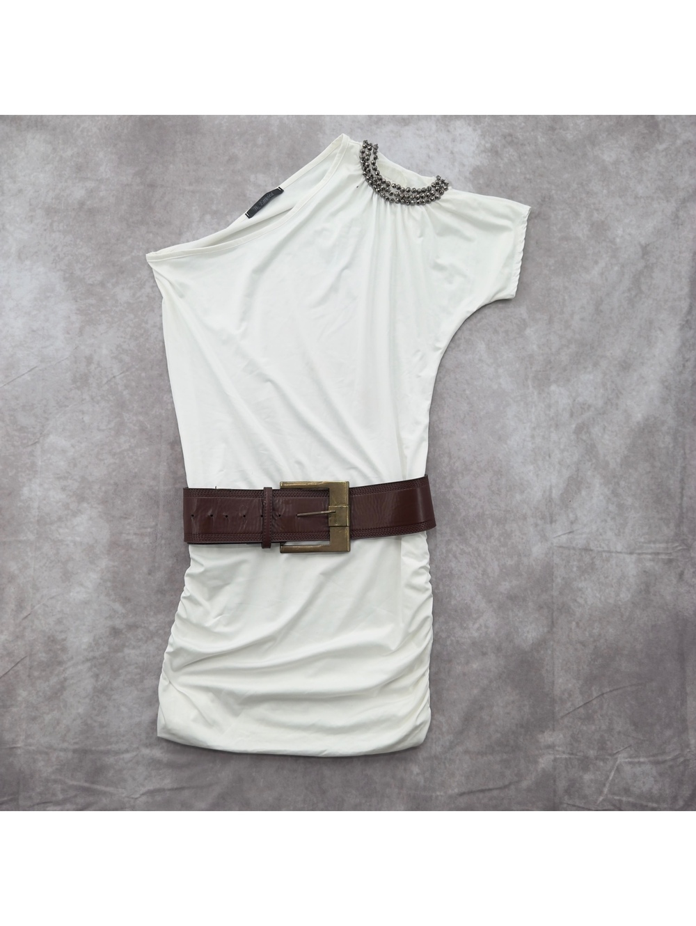 B_Envied Y2K White One Shoulder Ruched Beaded Mini Dress Medium Cocktail Dress
